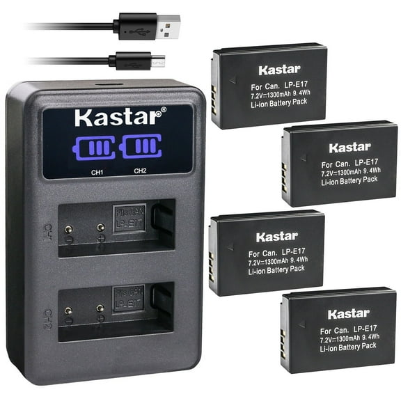 Kastar 4-Pack LP-E17 Battery and LED2 USB Charger Compatible with Canon EOS Rebel T6i, Rebel T6s, EOS Rebel T7i, EOS Rebel T8i, EOS M3, EOS M5, EOS M6, EOS M6 Mark II, EOS R10, EOS 77D, 200D Camera