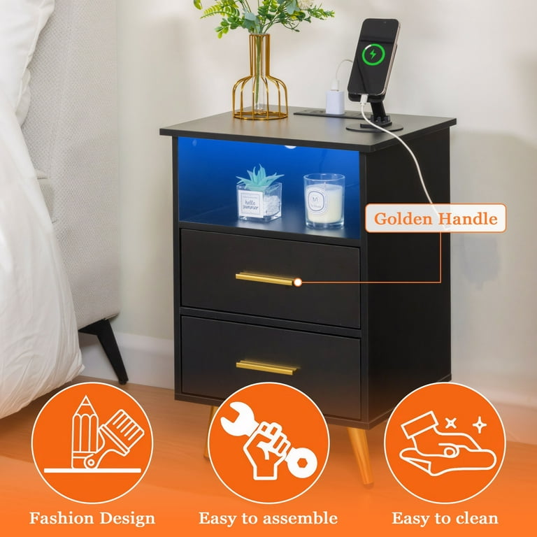 UHOMEPRO LED Nightstand with Charging, 2 Drawers Black photo 6