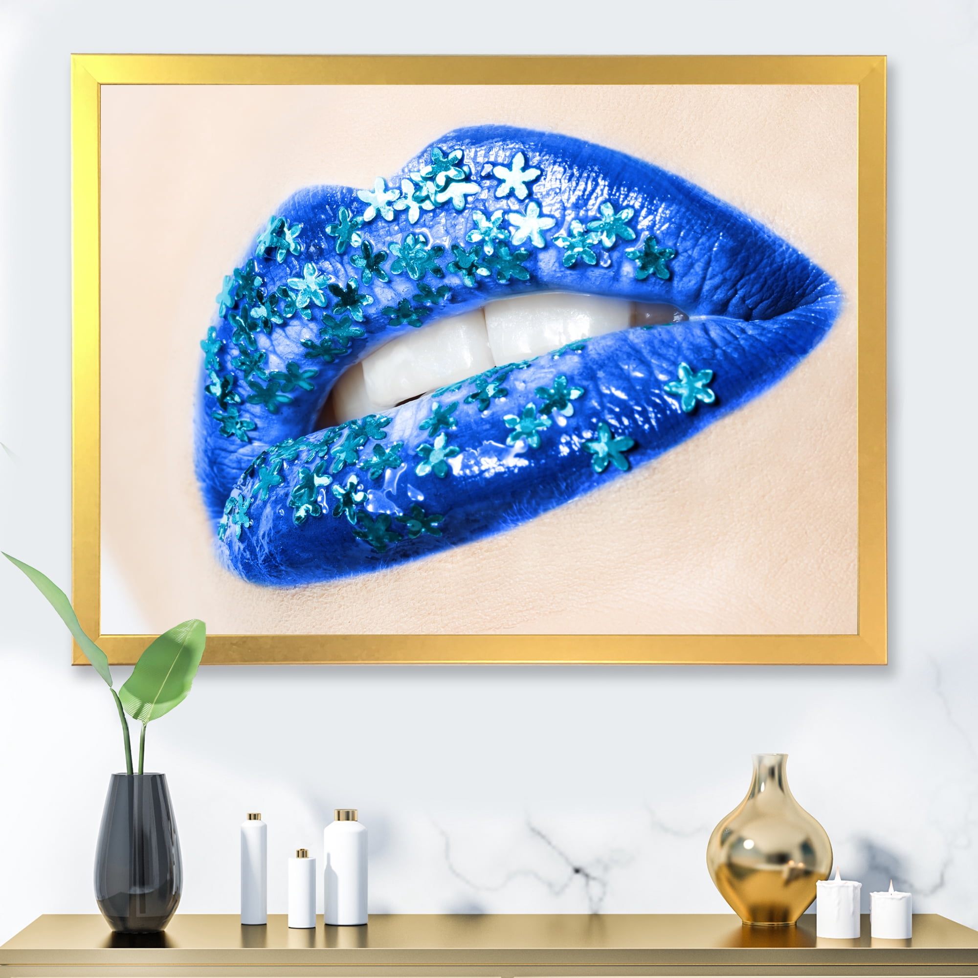 Designart 'Beautiful Woman Lips Blue With Flowers' Modern Framed Art Print