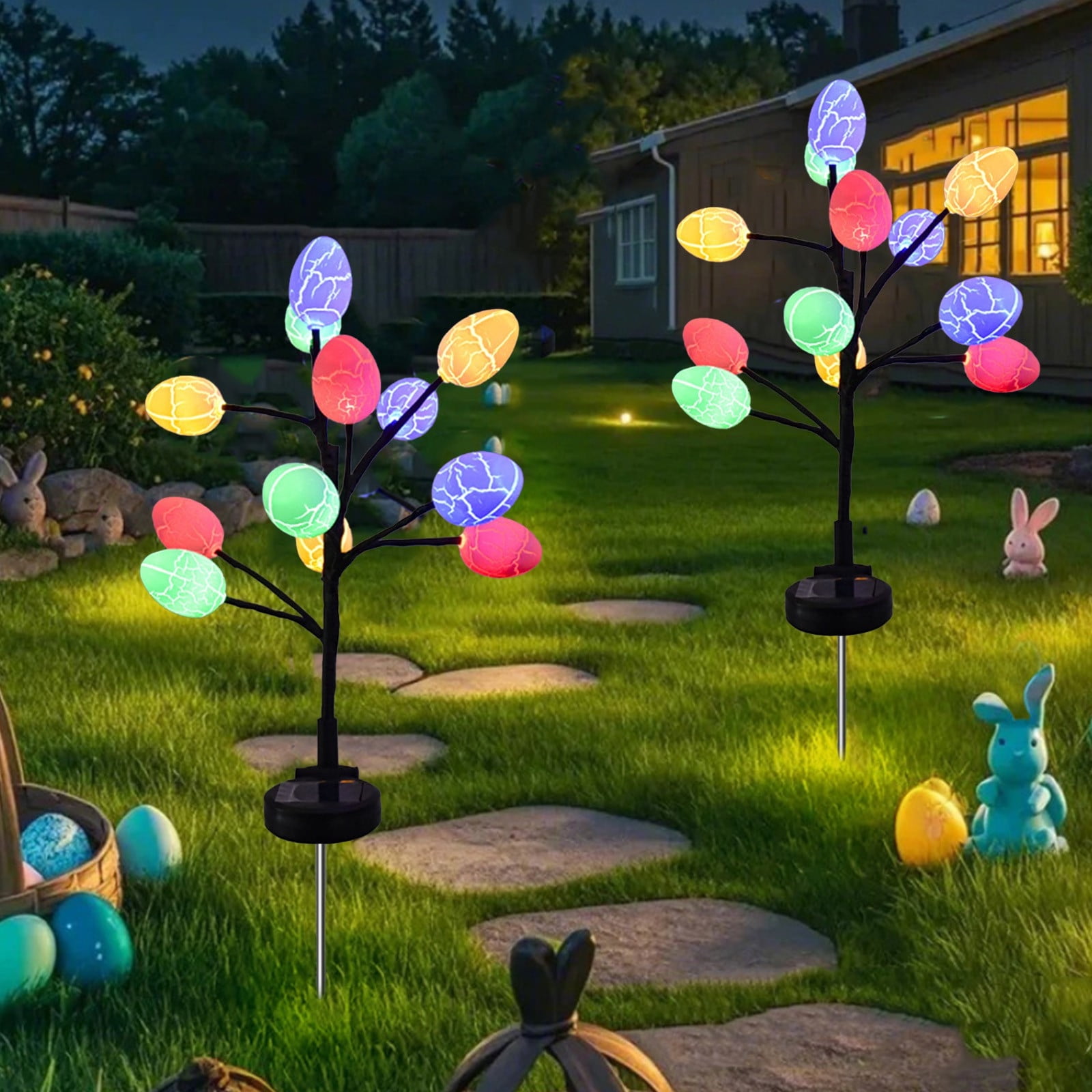 Chmadoxn Outdoor Solar Easter Decoration 2 Sets LED Easter Eggs Street Lights With Stainless Steel Stakes 2 Modes Waterproof Easter Eggs Lights For Yard Decoration Plastic Solar Lights