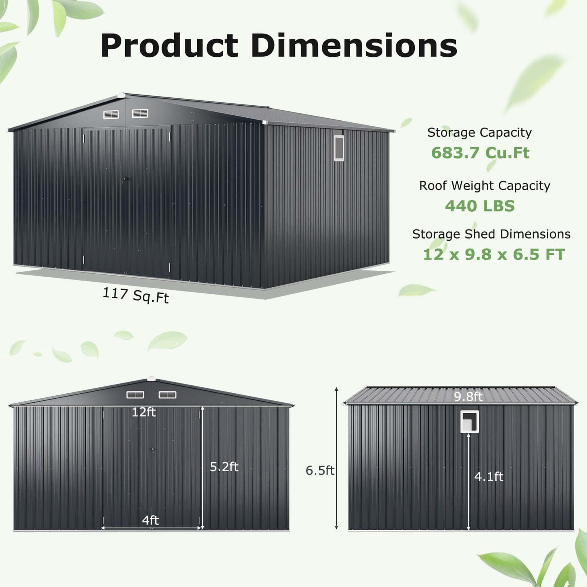Costway 12 x 9.8 FT Outdoor Storage Shed All-Weather & Rustproof Galvanized Metal