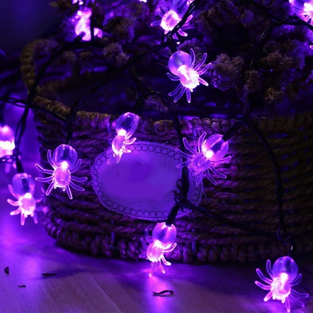 Xihbxyly Luces Led de Araña, Temática de Halloween Morada, 20 Bombillas Led, Funciona con Pilas, para Uso En Interiores y Exteriores, Decoración de Patio y Porche, Bajo Consumo, 118 Pulgadas de Largo
