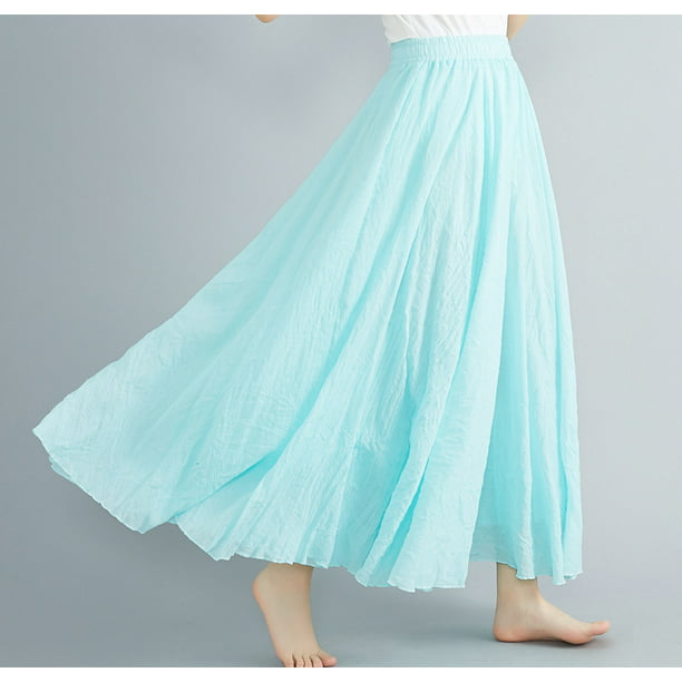 Women's Bohemian Style Elastic Waist Band Cotton Linen Long Maxi Skirt Dress  Water blue - Walmart.com