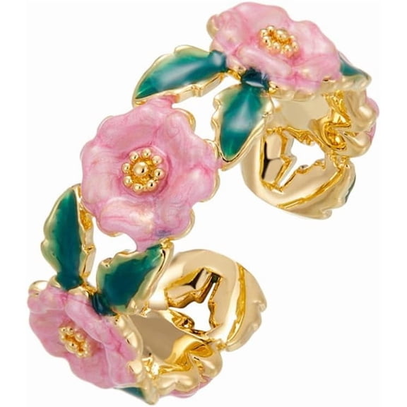 Camellia Flower Open Statement Ring for Women Green Leaf Pink Enamel Daisy Stacking Rings Little Flower Promise Engagement Rings Fashion Jewelry