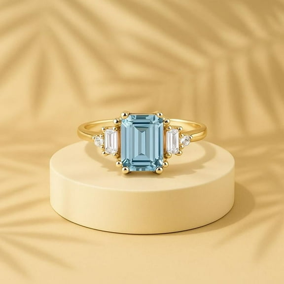 Vintage Emerald Cut Aquamarine Ring, Aquamarine Engagement Ring, Aquamarine Diamond Ring, Unique Prong Set Ring, March Birthstone Gifts