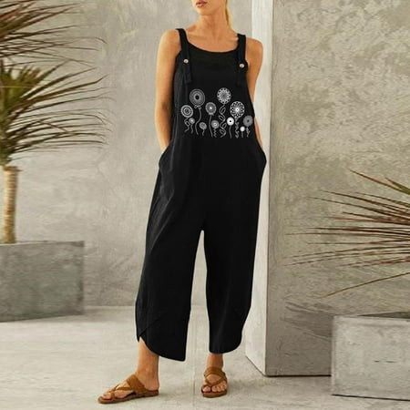 

Quealent Jumpsuits For Women Casual Summer Womens Overall Dungarees Button Cotton Linen Loose Casual Jumpsuit Rompers Playsuit Black 3XL