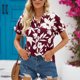 thumbnail image 2 of Camisa de manga corta de gasa para mujer, estampado floral, manga corta, verano, cuello en V, pantalón corto suelto y casual, Top de manga corta, rojo vino S, 2 of 6