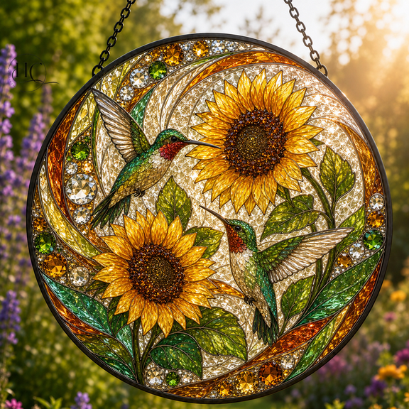 Glass Suncatcher Hummingbird Sunflower Stained Glass Window Hanging for Bird Lovers