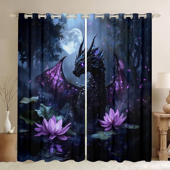 Castle Fairy Black Purple Dragon Black Out Curtains for Kids Children Teens,Chic Floral Lotus Curtains Pack of 2 (42x63 Each),Abstract Flower Animal Bedroom Curtains,Luxury Bedroom Decor