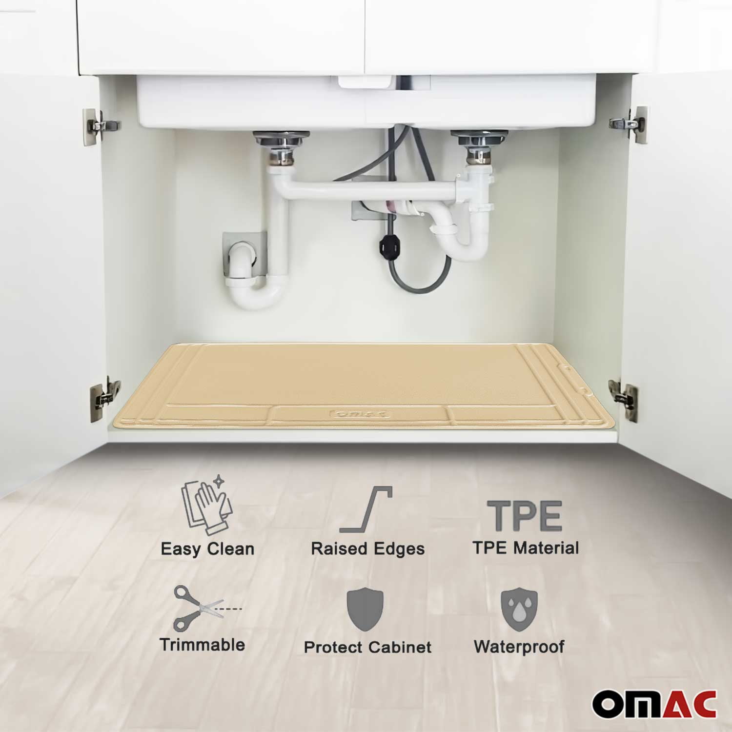 Omac Black Under The Sink Mat Kitchen Cabinet Mat Trimmable Waterproof Raised Edge Cabinet Liner Protector for Kitchen and Bath