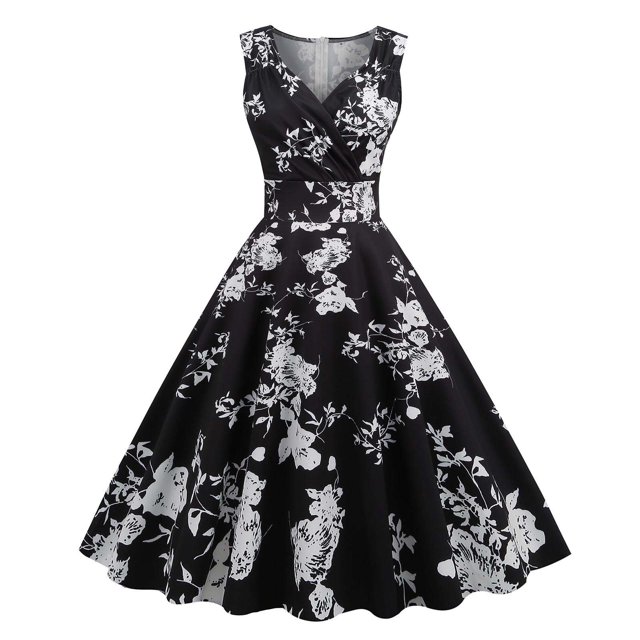 CEHVOM Robes de Soirée Vintage Imprimées Sans Manches à Col en V pour Femmes