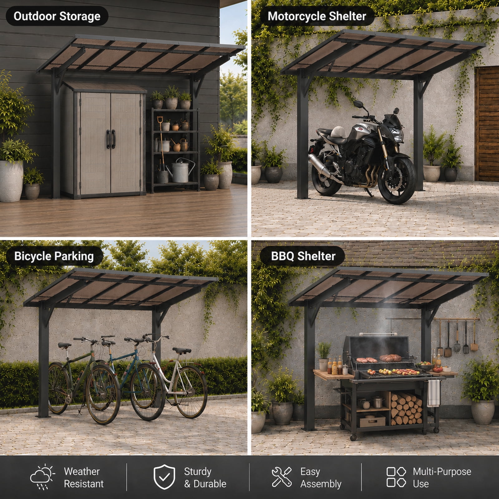 Mintazer 5x8ft Outdoor Wall-Mounted Patio Canopy, Heavy Duty Metal Awning with PC Roof, Freestanding Sun Shelter for Backyard, Bike, Grill & Patio Seating