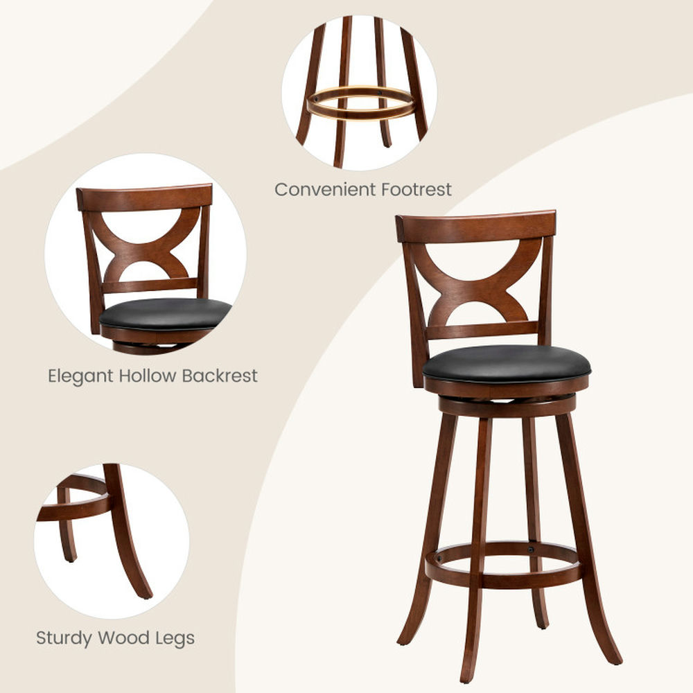 Demi Bonn 29" Set of 2 Swivel Bar Stools with Soft Cushion and Elegant Hollow Backrest, Modern Kitchen Dining Chair, Brown