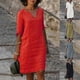 thumbnail image 3 of Women's Short Sleeve Cotton Linen Midi Dress Ladies Solid V Neck Baggy Sundress-9, 3 of 3