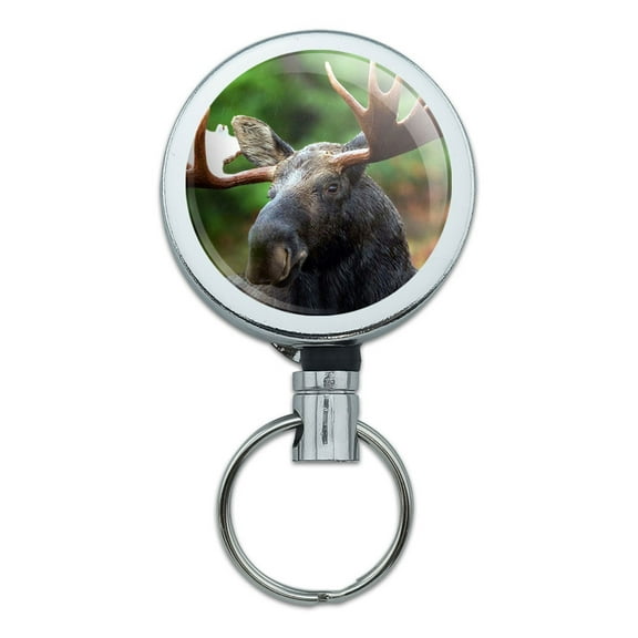 Moose Male Bull Antlers Retractable Belt Clip Badge Key Holder