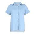 thumbnail image 3 of Kddylitq Summer Button Down Shirts for Women Cotton Linen Collared Tops Short Sleeve Gauze Blouses 2024 Casual Work Clothing Sky Blue L, 3 of 5