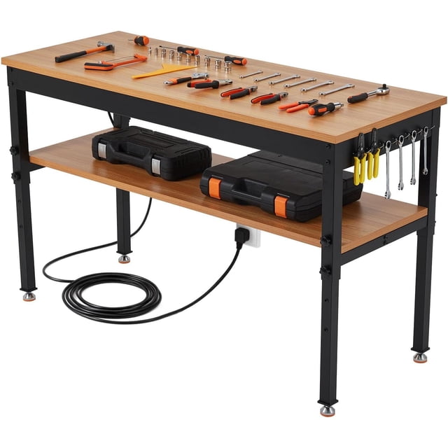 Établi de Travail Réglable de 48 Pouces, avec Tablette de Rangement et Prise de Courant, Banc de Travail Robuste 48 x 24 Po, Capacité de Charge de 2500 Lb pour Garage, Atelier et Maison