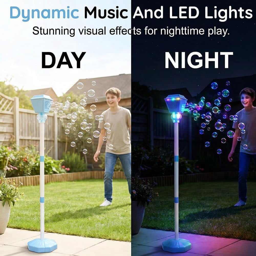 Automatic Bubble Machine with LED Lights – Rechargeable Bubble Maker with Music, Adjustable Height Outdoor Bubble Blower for Parties, Weddings (Blue)