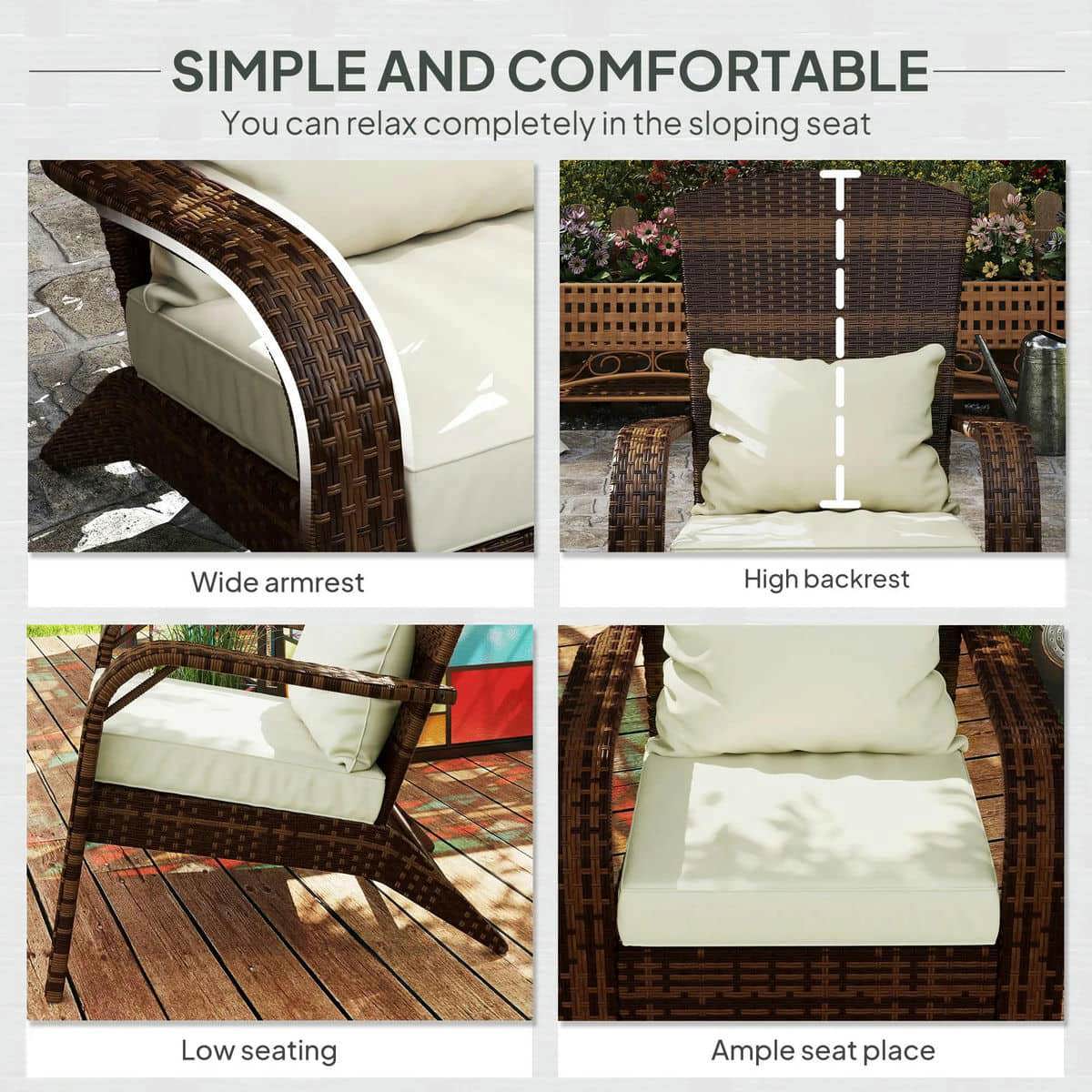 GVN Patio Accent Chair, Outdoor Adirondack Chairs, Patio Adirondack Chair with Rattan Wicker, Soft Cushions for Deck or Garden, Cream White