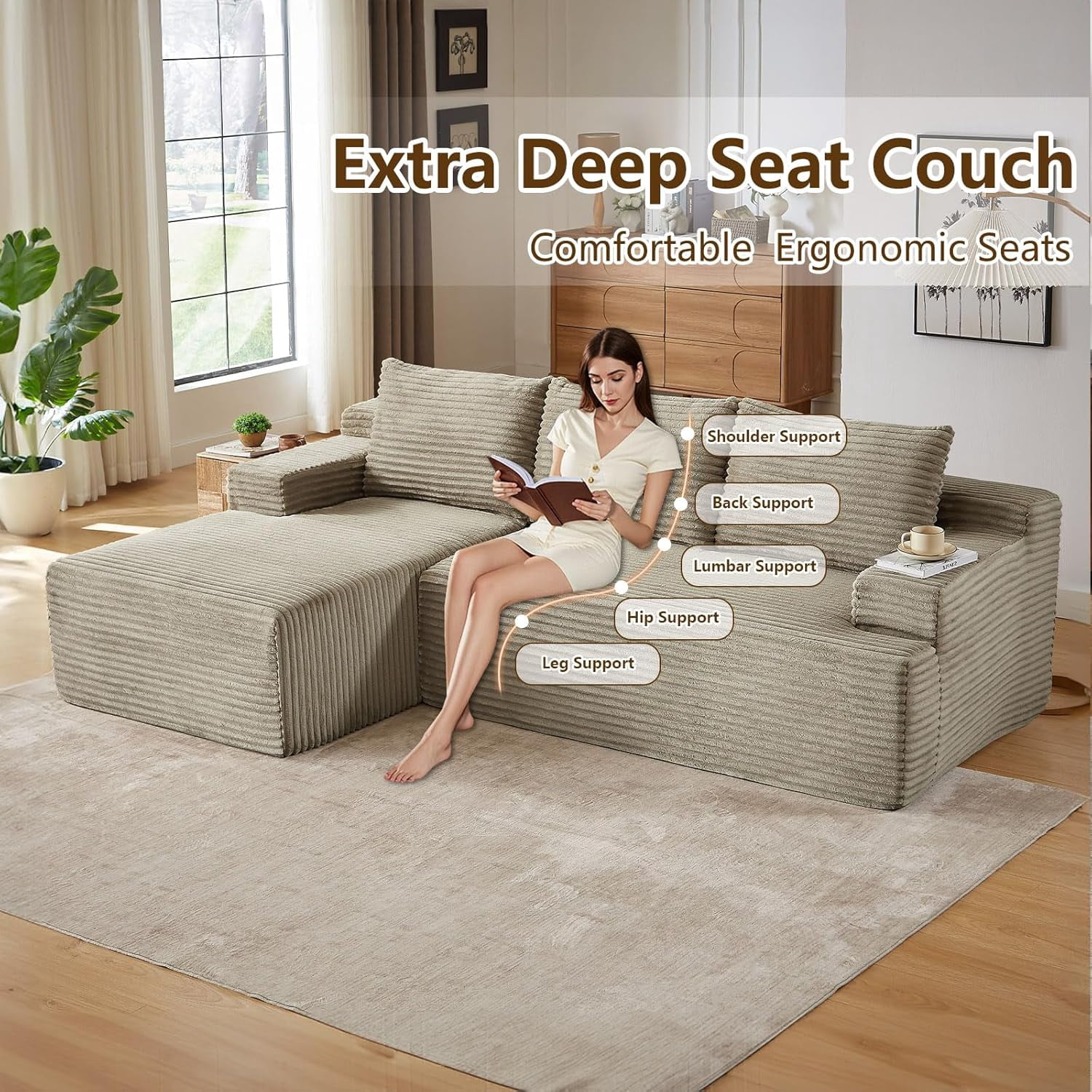 96" Boneless Cloud Couch with Chaise, Modular Sectional Sofa for Living Room, No Assembly Required, Deep Seat Corduroy Couch, Camel