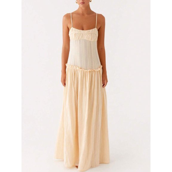 Light Yellow Spaghetti Strap Smocked Tiered Maxi Sundress Flowy Vacation Beach Dress