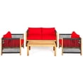 thumbnail image 4 of Gymax Ensemble de Conversation pour Patio Extérieur en Bois d'Acacia 4 Pcs avec Coussins Rouges, 4 of 9