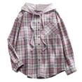 thumbnail image 2 of JURANMO Women's Plaid Button Front Hoodie Overshirt Jacket,2024 Fall Winter Ladies Trendy Hooded Plaid Cardigan Buttoned Down Shackets Casual Drawstring Shirts Jackets Tops with Front Breast Pockets, 2 of 8
