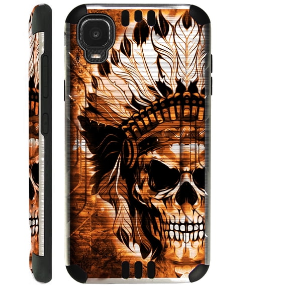 Compatible with TCL A3 Brushed Metal Texture Hybrid Silver Guard Phone Case Cover (Orange Skull Chief)