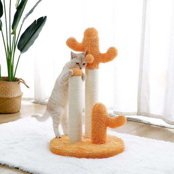 Younar Cat Scratching Post Cactus Cat Scratcher Featuring with 3 Scratching Poles and Interactive Dangling Ball Orange