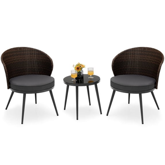 Spaco 3 Pieces Patio Rattan Bistro Set, Deluxe Outdoor Patio with 2 Seat Cushions and Tempered Glass Tabletop-Brown