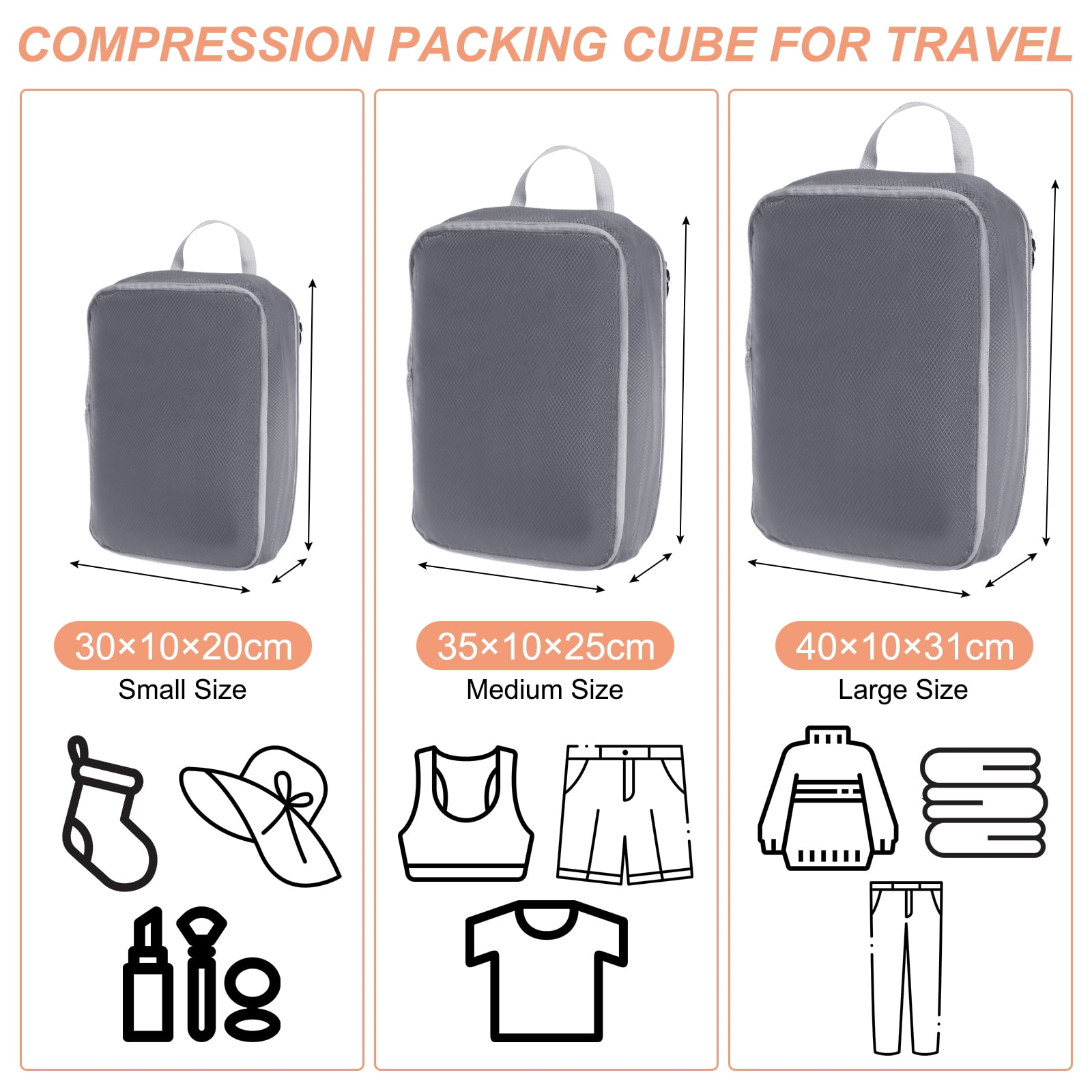 Compression Packing Cube for Travel Waterproof Luggage Organizer for Suitcase Gray 3 Set