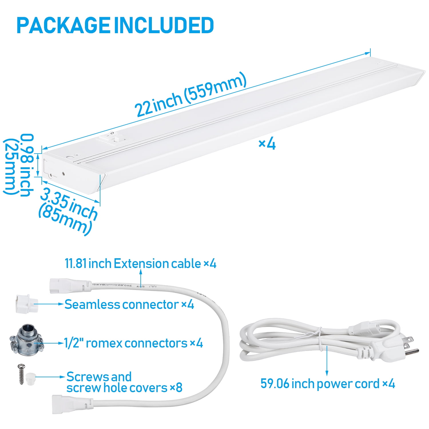 TORCHSTAR 8 Pack LED Under Cabinet Task Lighting 3CCT, 22 Inch 16W 960LM, 120V Hardwired & Plug-in, CRI80 ETL Under Counter Lights, Dimmable & Linkable, 3000K/4000K/5000K, White Aluminum Housing
