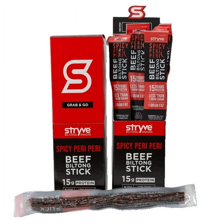 Stryve Beef Biltong Stick Spicy Peri Peri | Low Fat, Low Carb, Low Sugar | Gluten and Soy Free | 15g Protein | 12 Sticks