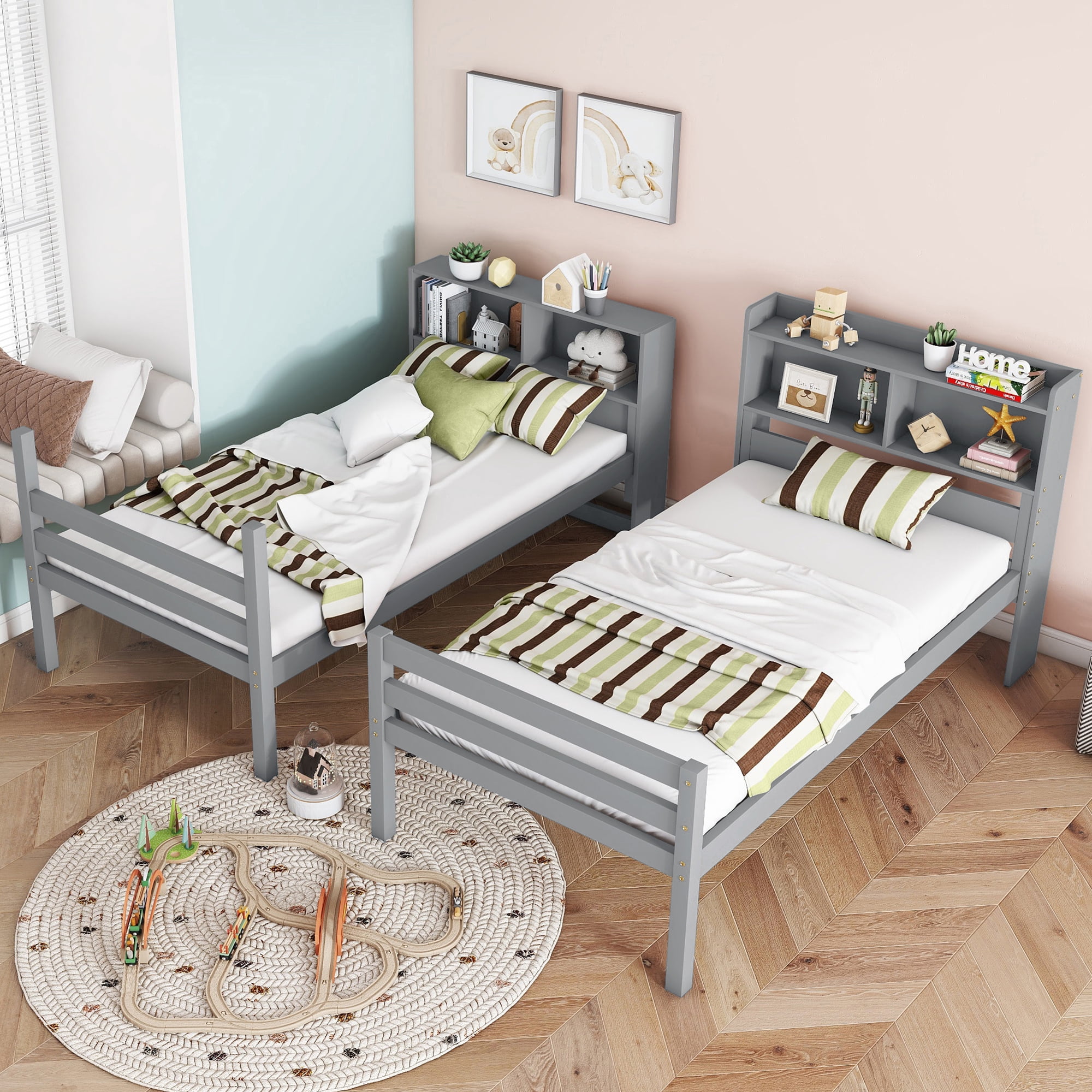 Leumius Twin Over Twin Bunk Bed with Shelves , Rubber Wood Bed with Shelves Headboard, Safety Guardrails and Ladder, Convertible to 2 Beds for Boys Girls Grey