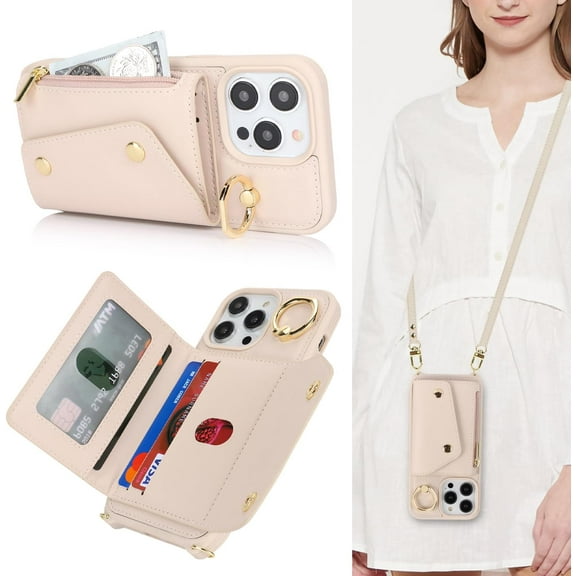 for iPhone 15 Pro Max Case with Card Holder and Strap - Zipper Pocket,Crossbody Lanyard Strap,Credit Card Holder,Stand Ring,Cute Phone Wallet Case for Women(Beige,6.7 Inch)