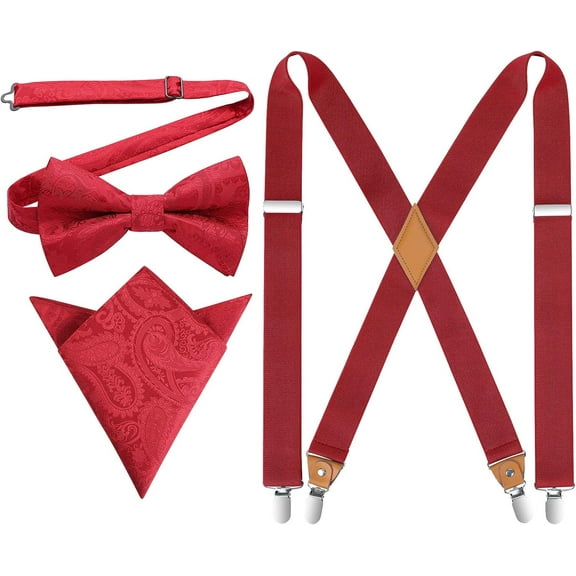 Mens Suspenders Strong Clips Heavy Duty X- Back Adjustable Suspenders Elastic Braces Pre-BowTie Set for Work Party