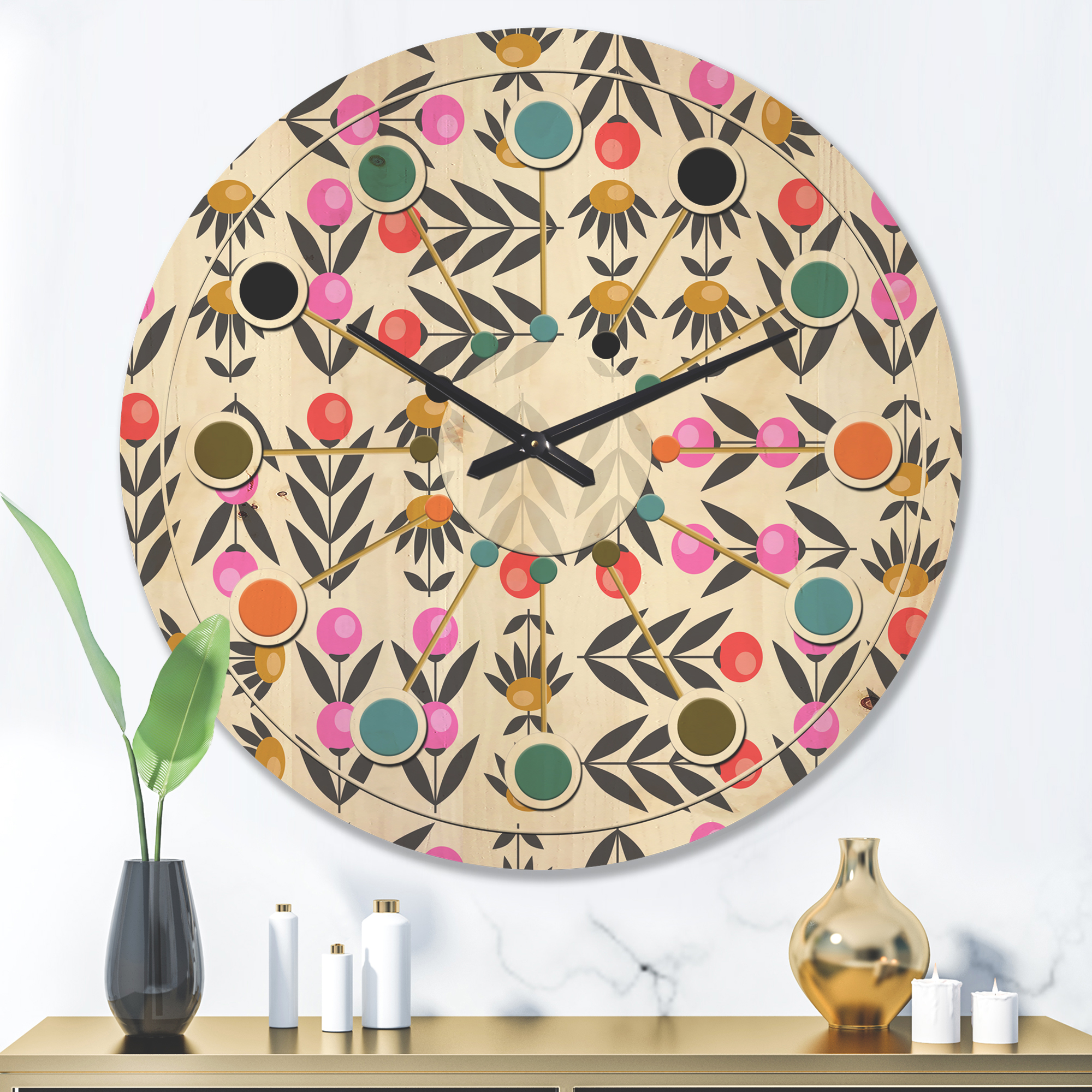 Designart 'Abstract Retro Floral Design XI' Mid-Century Modern Wood Wall Clock