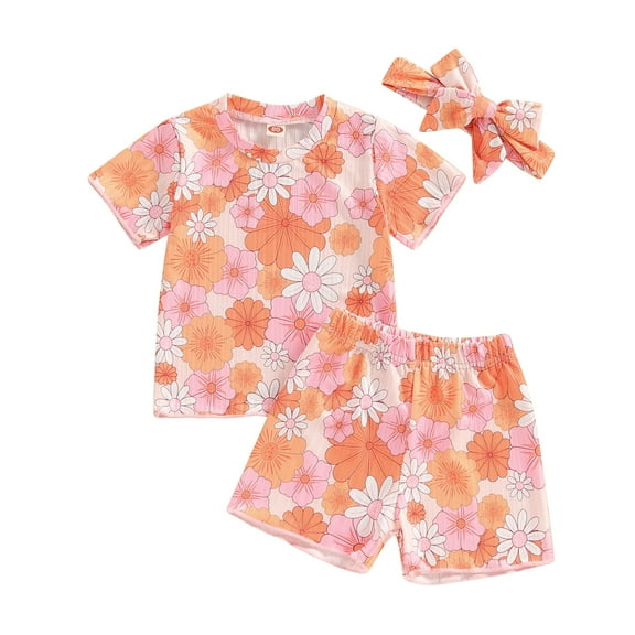 Elippeo Baby Girls Summer Outfits 6 12 18 24 Months 3 Years Floral Print Short Sleeve T-Shirt and Shorts Cute Headband Set 3 Piece Clothes