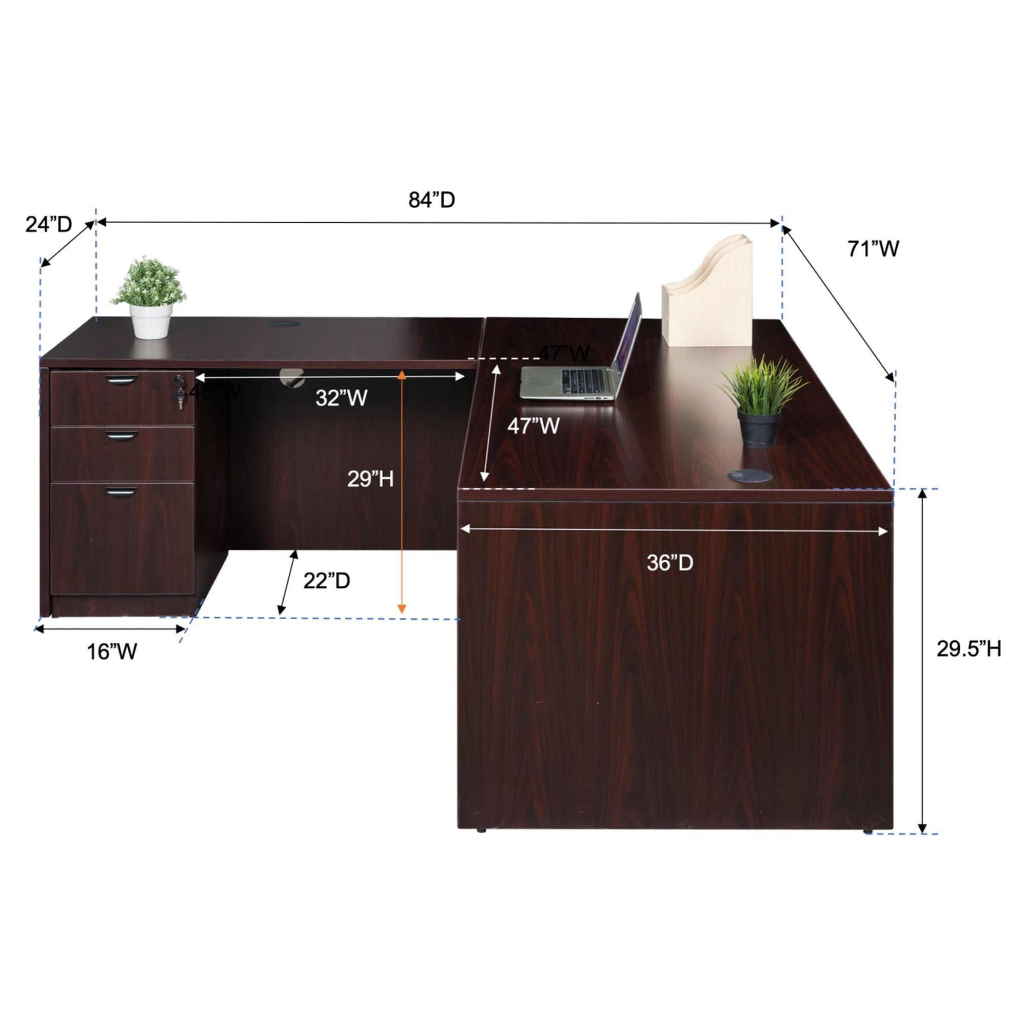 Boss Office Products 71 Inch Desk, Executive L-Shape Corner Desk with Box/Box/File Storage Pedestal, Mahogany