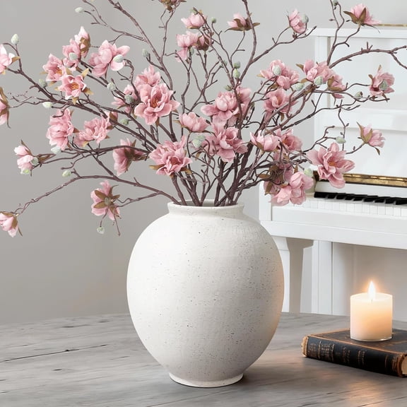 Large White Ceramic Vase, 9.8 inch Rustic Farmhouse Flowers Vase for Home Decor, Sandstone Texture Round Pottery Tall Vase Indoor for Table Living Room Decor