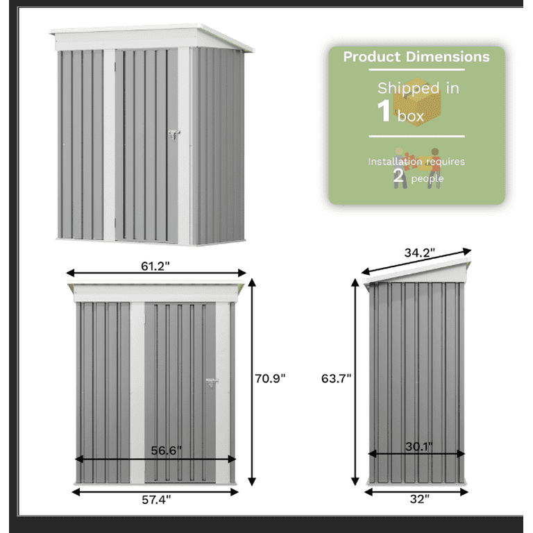 Patiowell Outdoor Metal Storage Shed 5x3 ft Gray Waterproof
