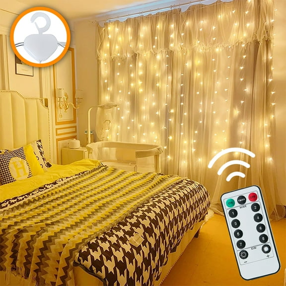 Curtain String Lights, 3m x 3m 300 LED Waterproof Indoor Outdoor Remote Control String Lights with Timer & 8 Modes for Window, Bedroom, Garden, Wedding - Warm White