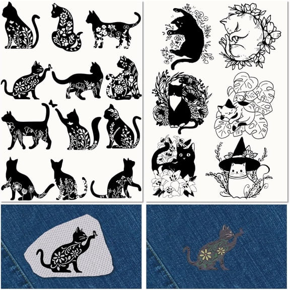 2 Sheets Black Cat Water Soluble Embroidery Stabilizers Patterns Flowers Hand Sewing Stick and Stitch Transfers Paper Wash Away Pre-Printed Self Adhesive for Bags Cloth Sewing Lovers Beginner