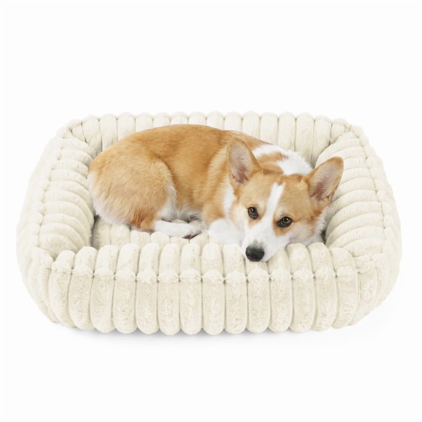 Exclusivo Mezcla Ribbed Plush Cuddler Dog Bed, 24"×20" Calming Pet Bed with Non-Slip Bottom for Medium Dogs, Ivory