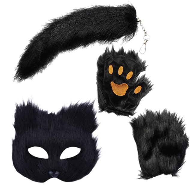 Conjunto de máscara y cola de animal, lindos accesorios, conjunto de disfraz de zorro para cosplay, cola larga para negro
