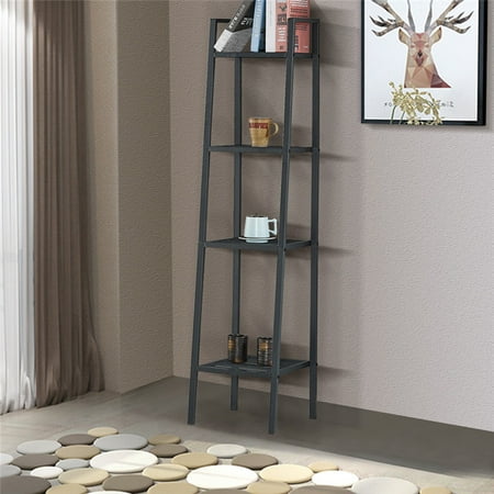 Four Tier Shelving Unit (Estink Storage Shelf 4 Tiers Shelf Unit Bookshelf Bookcase Book Storage Display Rack Leaning Ladder Wall Stand Wire Shelving Black 13.8