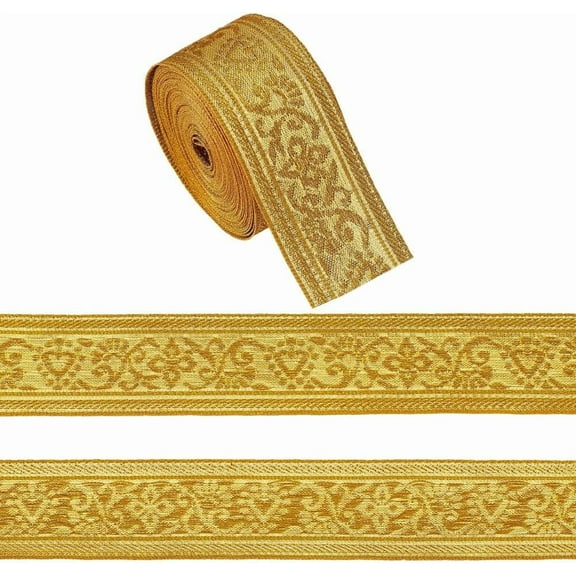 10 Yards Vintage Jacquard Ribbon 1-5/8 Inch Wide Gold Boho Woven Trim Ethnic Floral Ribbons Embroidery Sewing for Curtain Clothing Holdbacks Decoration