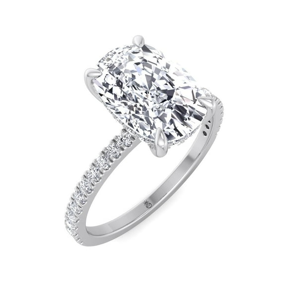 Vegas - Moissanite Elongated Cushion Cut Lab Diamond Engagement Ring With Sidestones and Hidden Halo