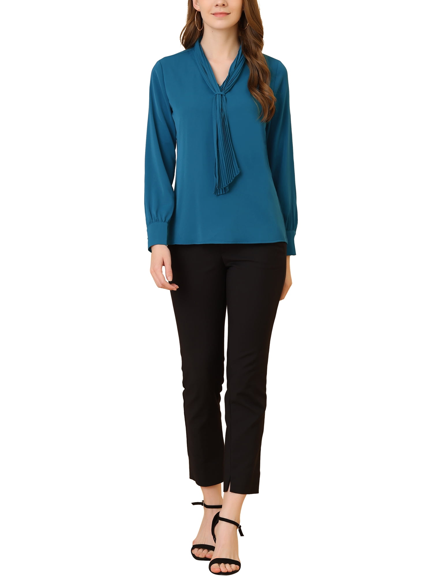 DARING DIVA Work Office Blouse Pleated Top Shirt L Peacock Blue