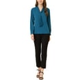 thumbnail image 3 of MODA NOVA Junior's Solid Long Sleeve Pleated Tie Neck Shirt Peacock Blue XS, 3 of 7